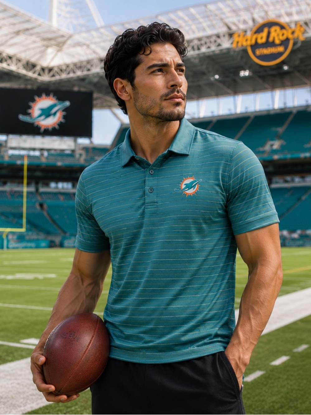 Miami Dolphins NFL Team Apparel Polo Shirt Teal Striped Performance Mens Large